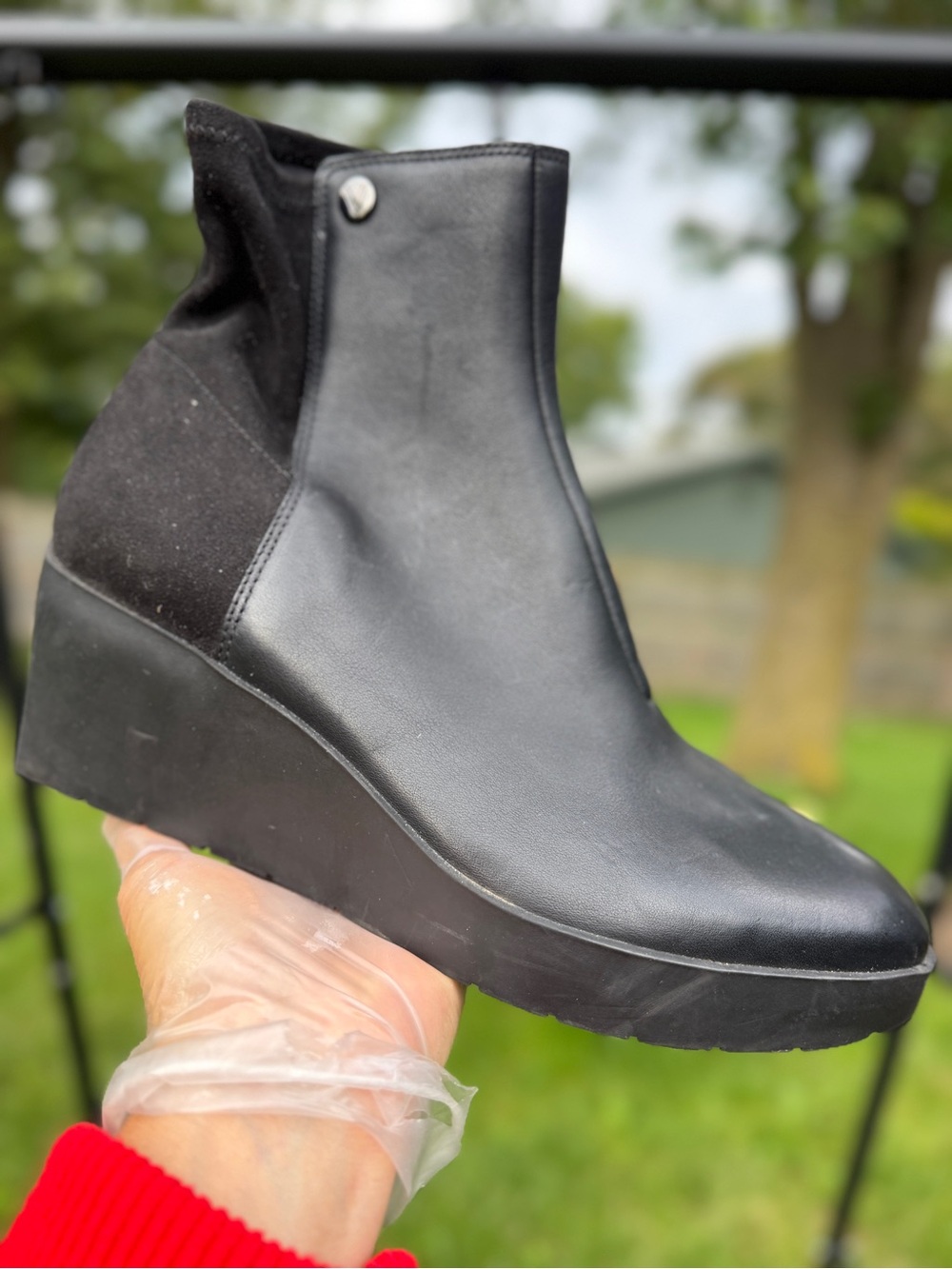 Vionic Skylar Black Leather Suede Platform Wedge Ankle Booties Women's Sz 9 WIDE